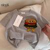 Camiseta de manga corta para niños color lima verano 2025 para niños y niñas japonesa tridimensional papas fritas hamburguesa T bebé niños estilo extranjero manga media camiseta