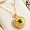 Pingente Antigo Caixa Gawu Oito Tesouros Banhado a Ouro com Placa Redonda Dupla Face Escavada Caractere da Fortuna, Incrustado com Pedras Vermelhas, Ouro de Imitação, Pérolas Estilo Étnico