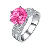 Anillo de compromiso creativo de tres filas de diamantes con diamantes grandes y piedra desnuda, anillo de diamantes redondos con circonitas, anillo clásico giratorio de seis garras