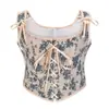 Corsé de estilo francés con atado frontal, faja ajustable vintage con estampado de pintura al óleo, chaleco con cordones para mujer, top corsé de capas