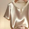 Top de satén con cuello en V, elegante camisa de satén con diseño de cuello en V decorado con perlas y un efecto de caída