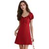 Vestido de Verano Transfronterizo Estilo Europeo y Americano Cintura Alta Corto Color Sólido Rojo Ancola Mangas Abullonadas Pg3393