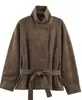 Chaqueta Corta de Otoño para Mujer, Gamuza Sintética, Cuello Alto, Solapa Diagonal y Cinturón, Estilo Vintage, En Stock, Venta al por Mayor de Fábrica