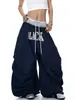Pantalones de Paracaídas de Moda de Secado Rápido Estilo Americano con Doble Cintura, Bloques de Color, Estampado de Letras para Hombres y Mujeres, Adecuados para Bailar, Pierna Ancha Suelta