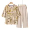 Traje de verano de algodón y seda para mujeres de mediana edad y mayores, camisa holgada de cuello redondo de talla grande para personas mayores, top de verano elegante para madres