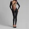 Conjunto de Verão Europeu e Americano Transfronteiriço Novo Estilo Sexy Decote Baixo Manga Longa para Yoga Calça Longa de Cintura Alta Modeladora Transparente Macacão