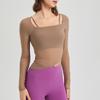 Roupa íntima esportiva feminina de duas peças falsas com bojo fixo em malha, para uso externo, corrida, fitness, com protetor de peito, roupa de yoga, top de manga longa, outono