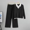Conjunto de Punto Grueso Trenzado Transfronterizo para Mujer en Otoño e Invierno Cuello Polo Punto Falso de Dos Piezas con Pantalones de Pierna Ancha Conjunto de Dos Piezas