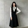 Vestido Falso de Dos Piezas Cuello Semi-Alto Manga Larga Bloques de Color para Mujer Primavera Otoño Petite Adelgazante Falda Midi Línea A Transfronterizo