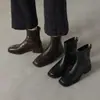 Botines de Tacón Grueso Temporada Primer Encuentro para Mujer Otoño Invierno Botines Individuales Tacón Medio Elásticos Adelgazantes Botas Nuevas Punta Cuadrada Botas Martin Negras