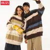 Suéter Redondo de Pelo Sintético Imitando Visom Personalizado para Homem, Jaqueta de Tricô Listrada Color-Blocking Moderna de Inverno Loose