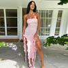 9211Dd Vestido Sexy de Exportación para Mujer Europeo y Americano Otoño Nuevo con Abertura en la Cintura que Revela la Piel Encaje Ondulado Envolvente en el Pecho