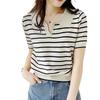 Top Camiseta Listrada Poio com Blocos de Cor para Mulheres, Novo Estilo Coreano de Verão, Solto com Decote em V Manga Curta, Polo Trendy Ins Atacado