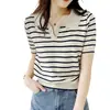 Camisa Polo Verão Estilo Coreano Listrada Algodão Gelado Manga Curta Secagem Rápida Retro Francês Bloqueio de Cores Preto e Branco Polo Feminina