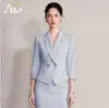 Moda Primavera y Verano Traje de Falda Profesional Azul Claro para Mujer con Mangas Tres Cuartos, Diseño de Cuello Frutal Verde, Estilo Corto, Ajustado a la Cadera Ropa Formal de Trabajo