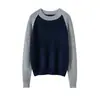 Suéter de Cachemira con Cuello Redondo para Mujer, Nuevo Estilo Otoño e Invierno, Suéter de Punto Pullover Cálido con Bloques de Color y Mangas Raglán Largas