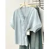 Moda Verão 2026 Feminina Plus Size Elegante e Fashion Blusa de Renda Vazada com Decote V de Manga Curta para Senhoras Plus Size Top para o Trabalho 0423