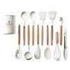Conjunto Personalizado de 11 Peças de Utensílios de Cozinha de Silicone com Cabo de Madeira, Branco Leite