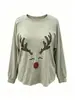 Camiseta de Otoño Nueva Europea y Americana Transfronteriza con Estampado de Reno Navideño Cuello Redondo Manga Larga Ambiente Casual Holgado para Mujer
