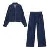 Conjunto de jaqueta jeans estilo europeu e americano, modelagem solta, afina a silhueta, com gola alta e zíper + calça jeans de perna larga com cintura elástica e cordão