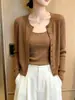 Cardigan suéter fino bonito único chique feminino outono cor de café tricô cardigan elegante top nobre