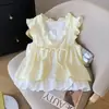 Camisa Falsa de Dos Piezas con Volantes Franceses para Mujer Verano 2025 Nueva Lateral Reductora de Edad Holgada Manga Murciélago Camisa de Muñeca