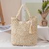 Bolsa de Ráfia Trançada Estilo Floresta Versão Coreana Bolsa para Férias na Praia Bolsa de Mão com Franjas Cesta de Legumes Bolsa Trançada de Palha Grande Capacidade