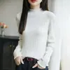 Top de punto para mujer, color liso, diseño holgado, manga larga, cuello semialto con volantes, algodón puro, nuevo de primavera, transfronterizo 2026