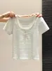Camisa Base Botonada com Gola Meio Aberta para Mulheres, Camiseta Listrada em Contraste Azul e Branco Estilo Verão Ins, Tamanho Petite, Ombros Normais, Mangas Curtas