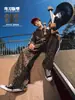 Pantalones casuales elásticos de cintura para hombre BK, estilo callejero, estampado de leopardo, cincha de 360G, estilo retro americano, corte holgado, tejido de rizo