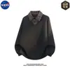 Moletom com Capuz e Gola Polo Falso de Duas Peças de Manga Longa Marca NASA Estilo Old Money Outono Masculino Top Casual