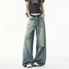 Calça jeans rasgada estilo americano para homens, lavagem vintage, fresca para o verão, calça reta de perna larga, corte solto, design moderno