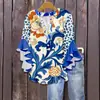 2026 Camiseta Casual Feminina com Estampa Floral Nova, Gola V e Babados, Europeia e Americana, Nova para Amazon