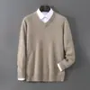 Suéter de Lã Veludo Baicai Masculino Gola V Pulôver Cor Sólida Camada Base Suéter Rejuvenescedor para Adolescente Tricô Casual de Negócios