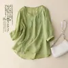 Camisa de algodão e linho roxa de manga curta para mulheres, modeladora para senhoras plus size, esconde a barriga, caimento solto, tamanho grande, blusa de algodão e linho abotoada, roupa de verão para mães