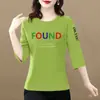 Camiseta de manga tres cuartos para mujer de comercio exterior transfronterizo, adecuada para madres de mediana edad, corte holgado, talla grande, adelgazante, top que cubre el abdomen, camiseta básica