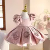 Vestido Rosa Infantil Francês Bufante Manga Curta Doce e Fofo Vestido de Aniversário Novo Estilo Vestido de Performance