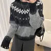 Suéter jacquard Fair Isle, nuevo top de punto de cuello redondo para otoño e invierno, suéter negro cálido para otoño e invierno