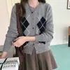 Cárdigan de Punto de Lana Pura para Mujer Patrón de Diamantes Bloques de Color Estilo Holgado Perezoso Abrigo Suéter de Cuello Redondo Otoño Invierno Nueva Llegada
