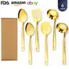 Conjunto de utensílios de cozinha de aço inoxidável de 6 peças para exportação: espátula para fritar, concha de sopa, escumadeira, colher pontuda, colher de servir banhada a ouro, conjunto de caixa de presente de 6 peças para comércio exterior