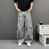 Novos Jeans Vintage Estampados de Leopardo para Homem Primavera 2026, Lavados e Desgastados, Casuais de Perna Larga Reta Soltos, Calças Curvas
