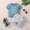 Ropa de bebé de estilo occidental para primavera y verano, para hombre y mujer, con top de manga corta y letras estampadas + pantalones cortos de color liso, multicolor