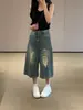 Jeans crop vintage lavados rasgados estilo coreano para mujer, pantalones rectos casuales holgados de pierna ancha de cintura alta adelgazantes para verano