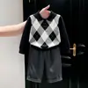 Roupa Infantil Coreana 2026 Outono Nova Chegada Suéter Xadrez Clássico Preto com Gola Lapela Calça de Terno Cinza Reta Infantil