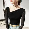 Blusa elegante de algodón francés negra de manga larga, ajustada, de color liso, para primavera y otoño.