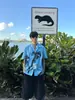 Camisa Masculina Azul de Manga Curta com Gola Cubana Estilo Férias Moda Preguiçosa Solta Casual Versátil Meia Manga