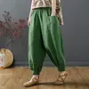 Calças Bloomers Femininas de Algodão e Linho 100% Verão Novas Calças de Nove Pontos Literárias Casuais de Perna Larga com Amarração Versáteis Calças Harem