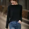 Suéter de malha fina em lã fina, estilo casual e suave, outono e inverno, cor sólida, trançado vazado, gola redonda, suéter de malha versátil e moderno feminino