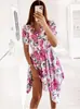 Vestido curto de manga curta com estampa, abotoamento simples e amarração na cintura, moda feminina europeia e americana mais vendido no eBay, AliExpress, Amazon