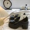 Sapatos de couro de sola grossa pretos, estilo retrô britânico, versátil, bico redondo, feminino, primavera 2025, novo estilo, slip-on, lofu, camada única